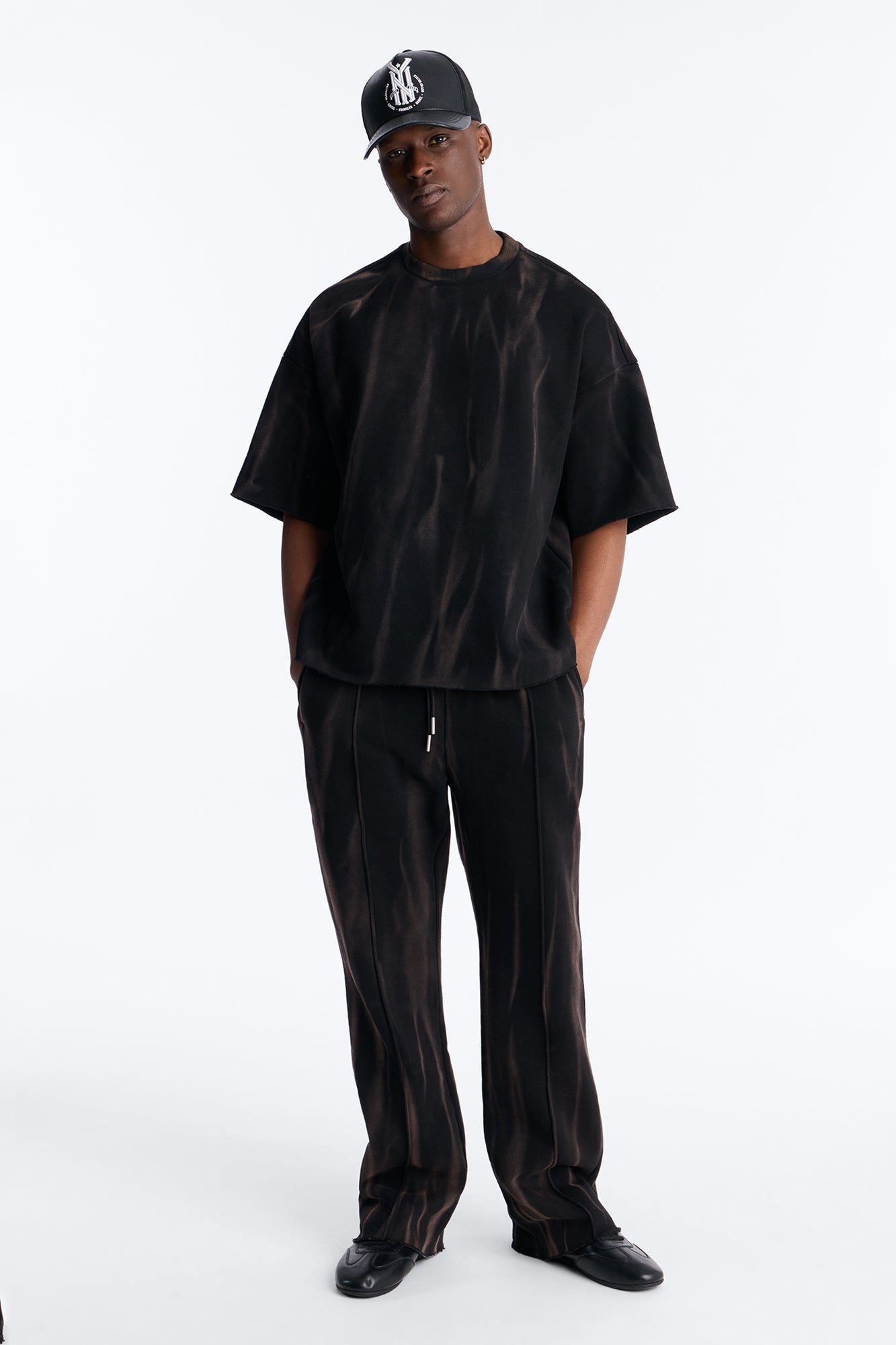 Oversized Bleach Washed Short Sleeve Fleece Tee - Black