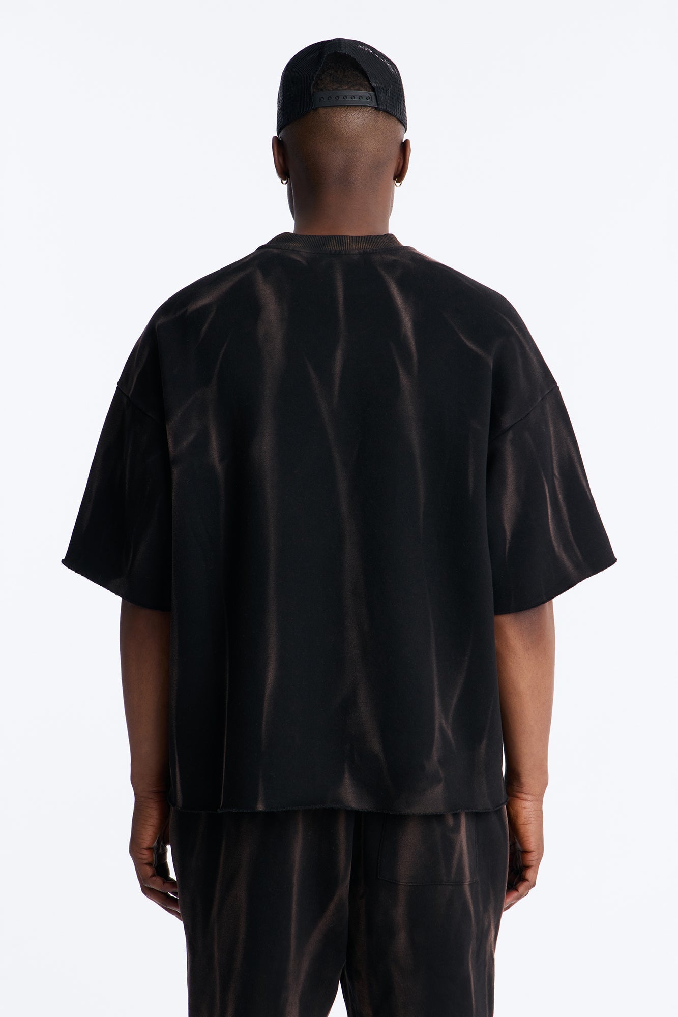 Oversized Bleach Washed Short Sleeve Fleece Tee - Black