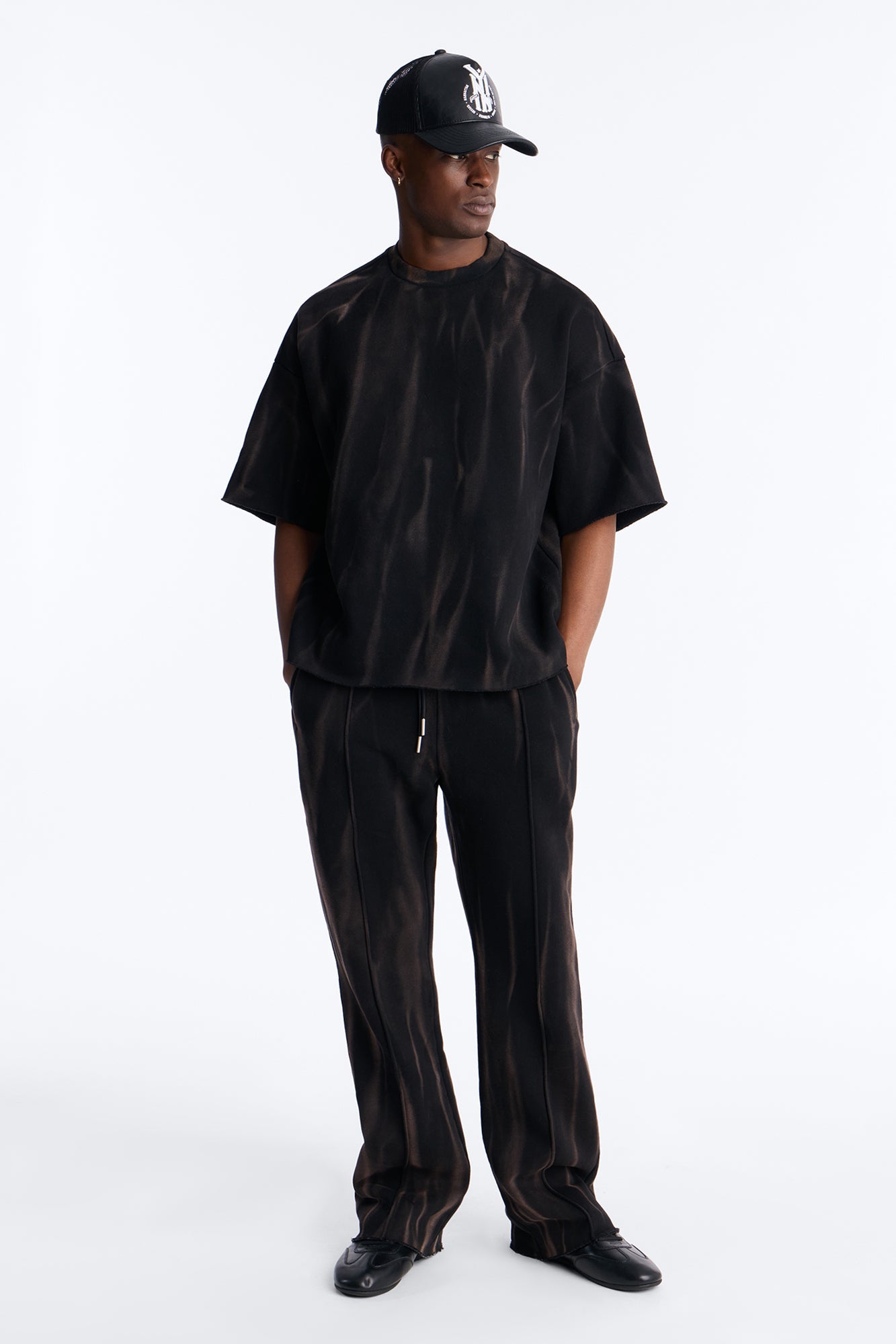 Slim Flare Bleach Washed Sweatpants - Black