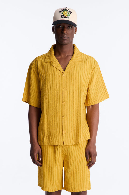 Relaxed Aegean Pleat Cuban Collar Button Up - Mustard
