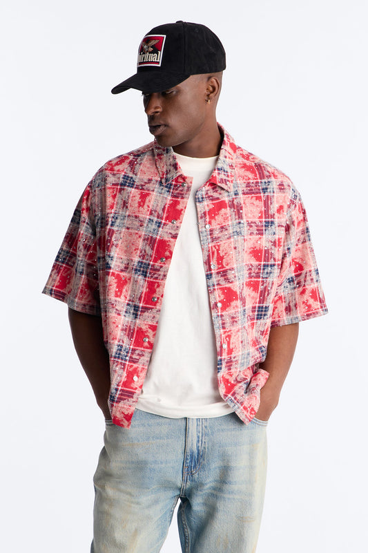 Rhinestone Rain Short Sleeve Plaid Flannel - Red
