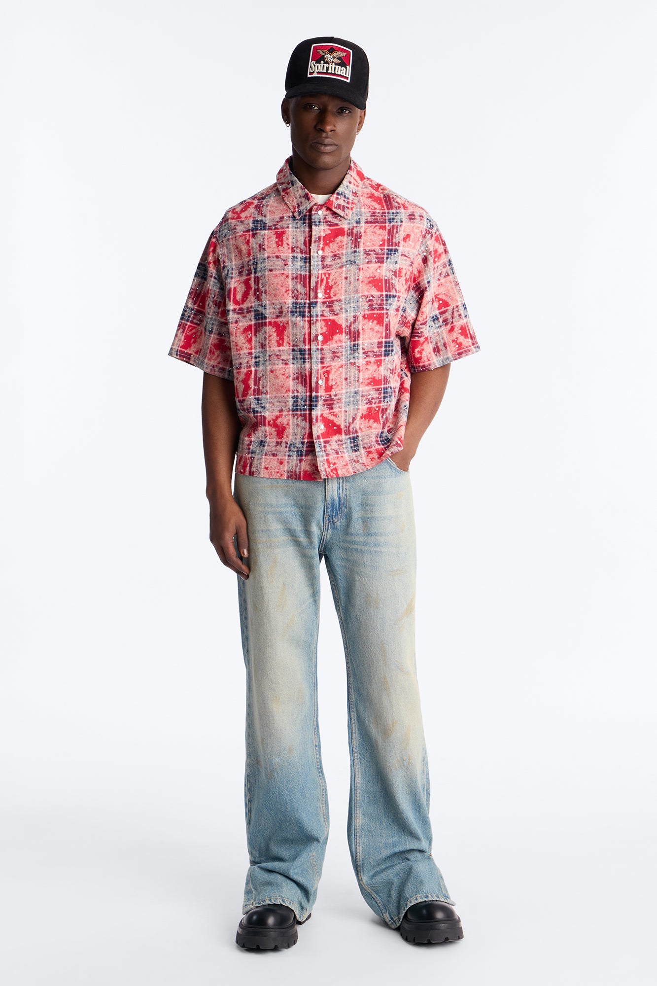 Rhinestone Rain Short Sleeve Plaid Flannel - Red