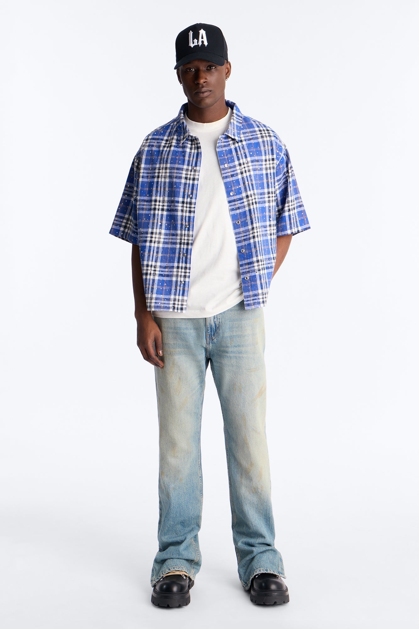 Rhinestone Rain Short Sleeve Plaid Flannel - Royal