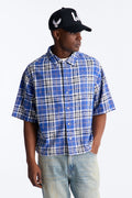 Rhinestone Rain Short Sleeve Plaid Flannel - Royal