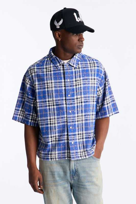 Rhinestone Rain Short Sleeve Plaid Flannel - Royal
