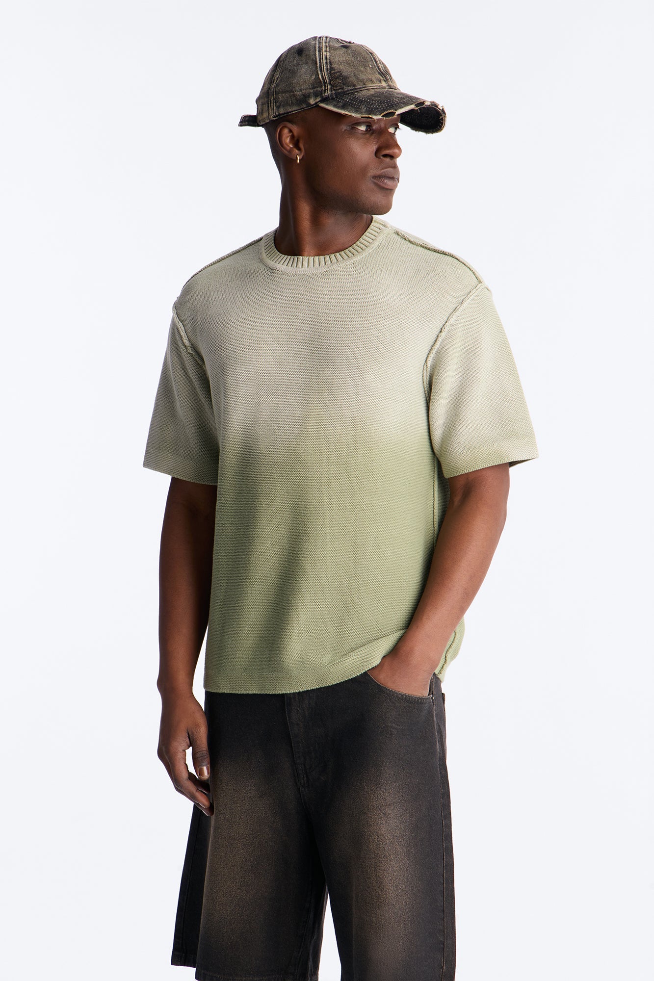 Slouch Ombre Crew Sweater Tee - Olive