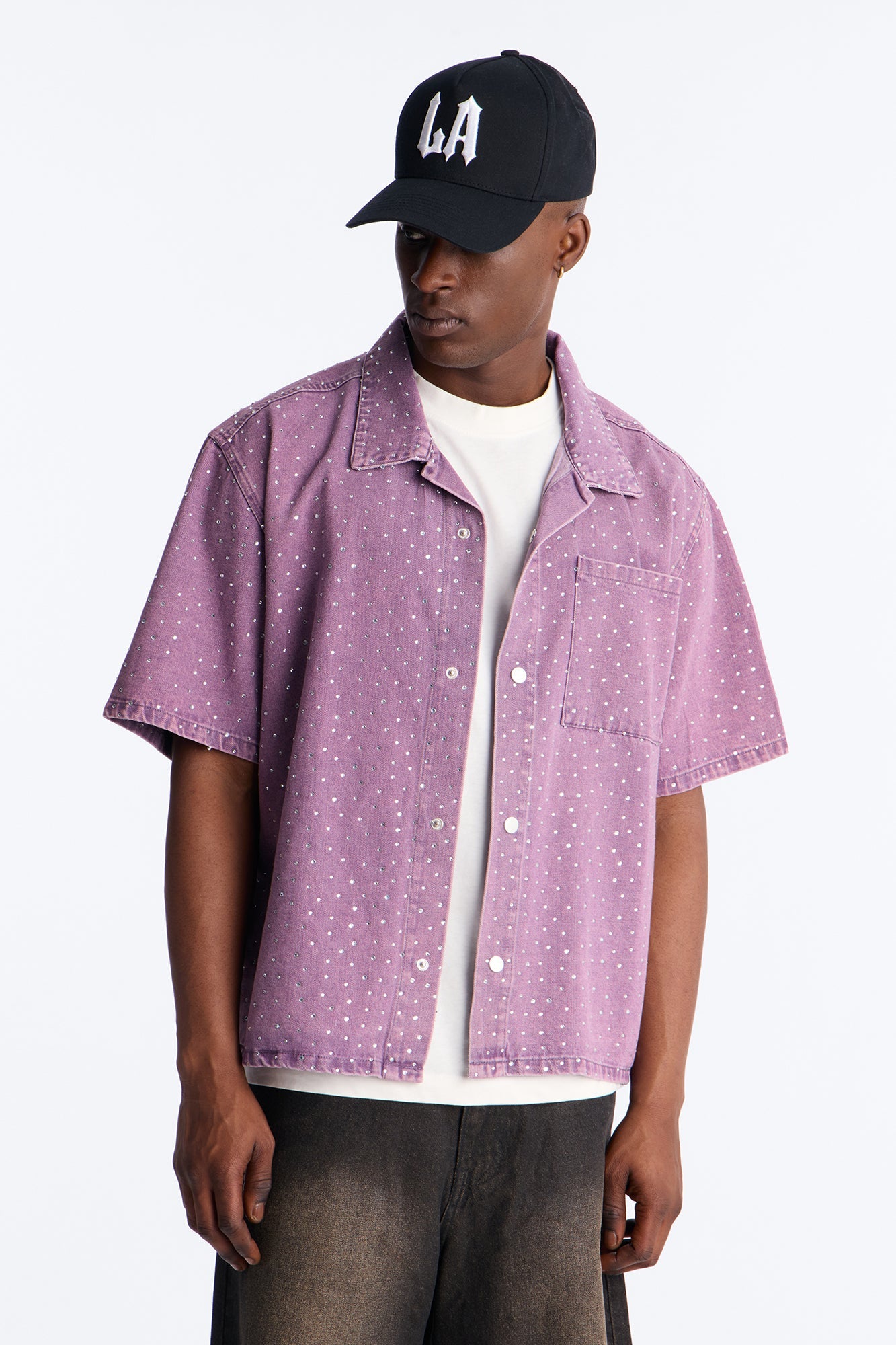 Cropped Embellished Denim Button Up Shirt - Purple