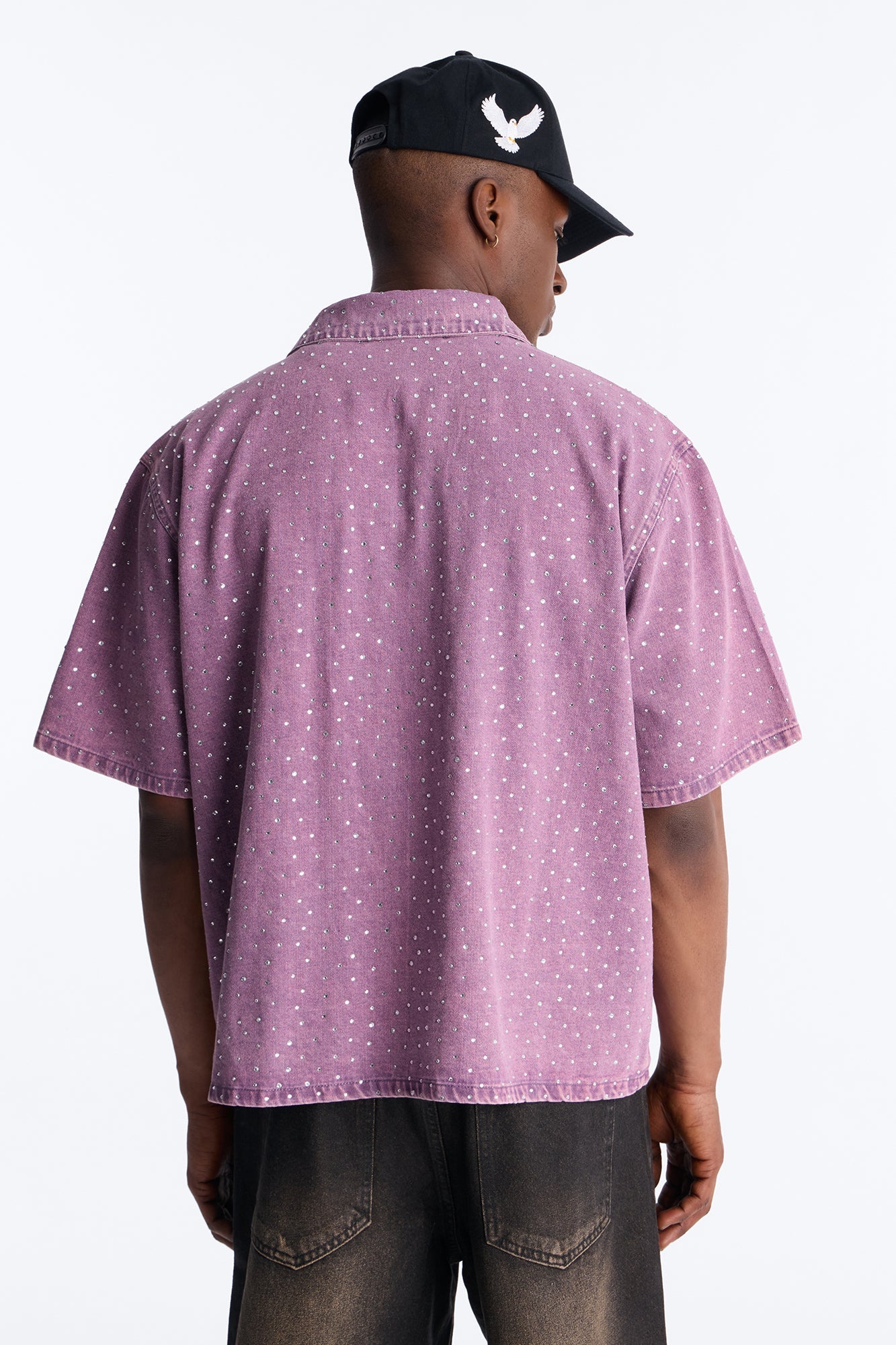 Cropped Embellished Denim Button Up Shirt - Purple