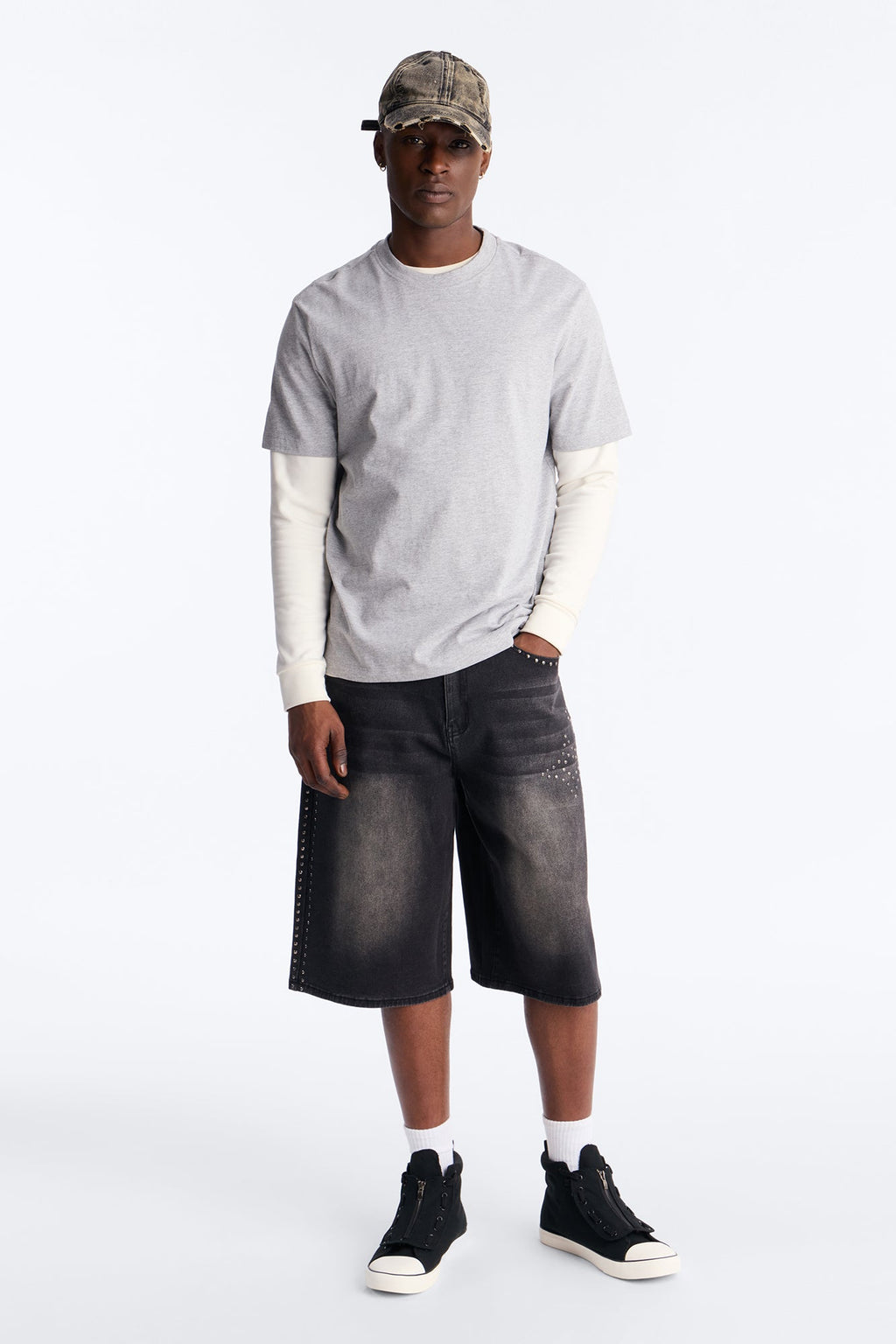 In Denim We Trust Baggy Studded Denim Short - Black Wash