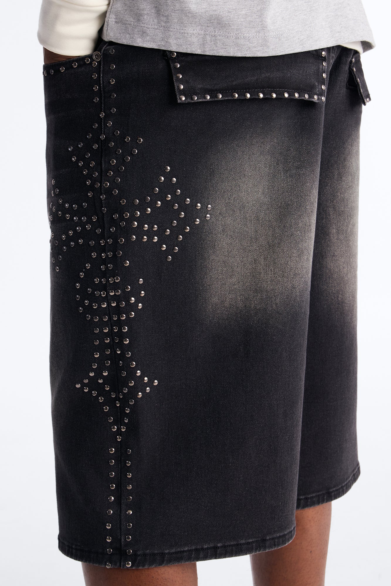 In Denim We Trust Baggy Studded Denim Short - Black Wash