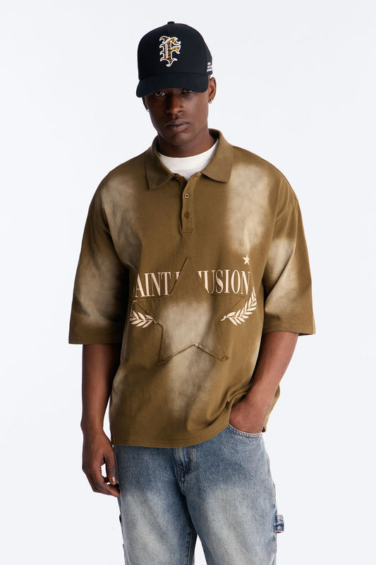 Stars And Saints illusion Short Sleeve Knit Polo - Brown
