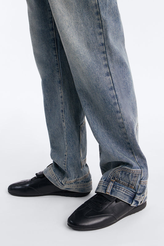 Straight Flare Upside Down Hem Jeans - Vintage Blue Wash