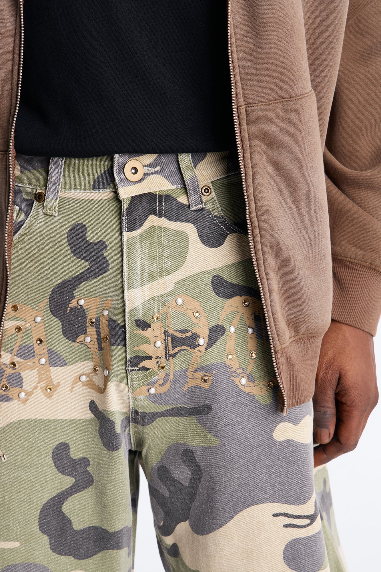 Relaxed Saints Embellished Camo Denim Shorts - Camouflage