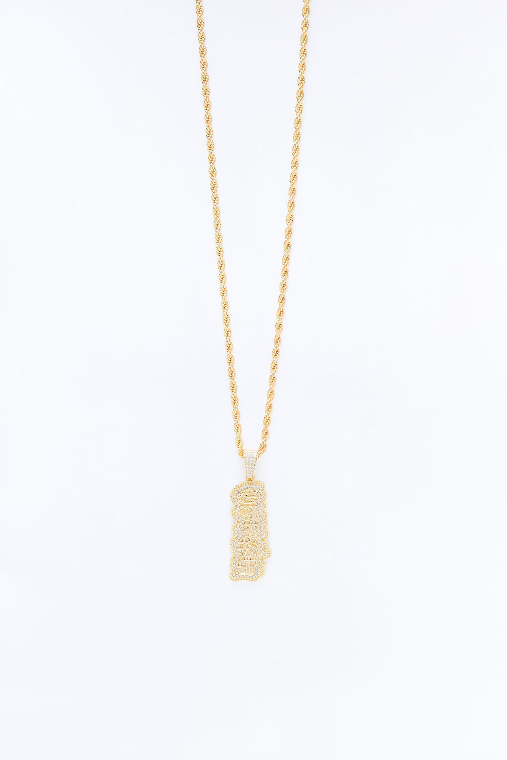 Saint Script Vertical Iced Pendant Necklace - Gold