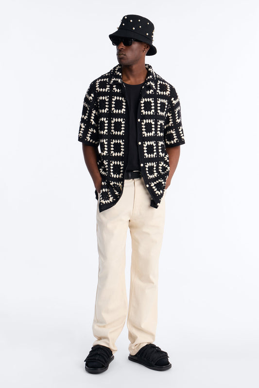Coastal Crochet Button Up Shirt - Black