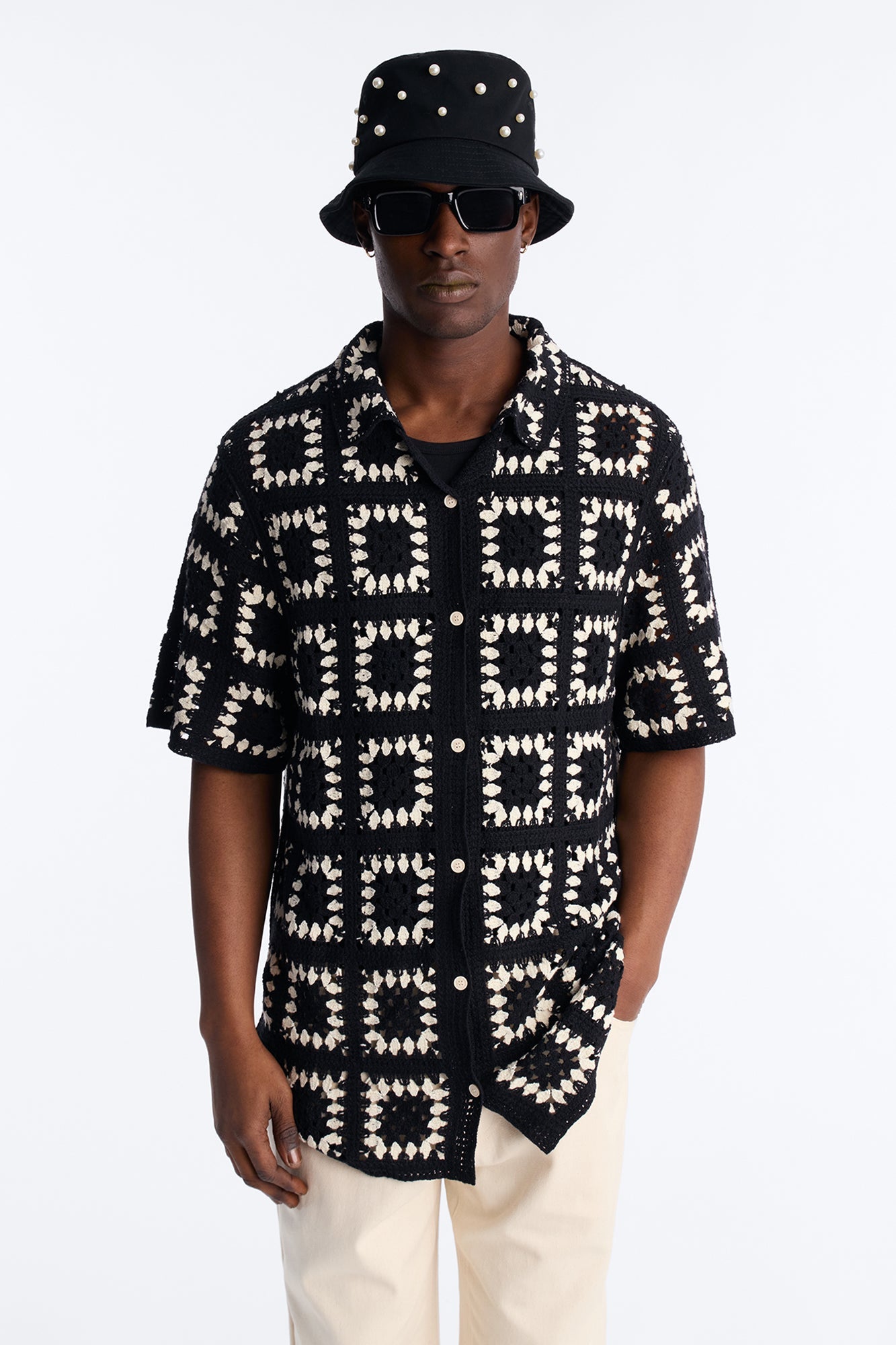 Coastal Crochet Button Up Shirt - Black