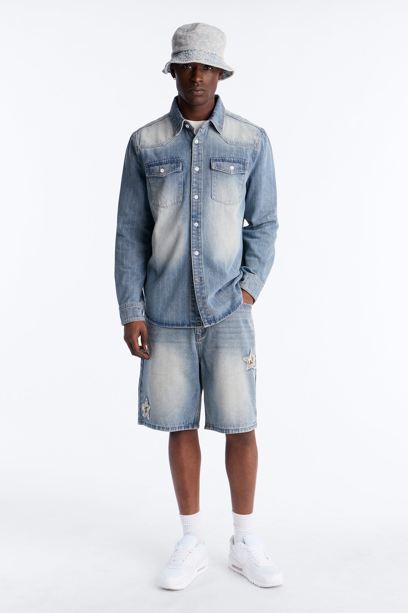 Stars And Stripes Long Sleeve Button Up Denim Shirt - Vintage Blue Wash