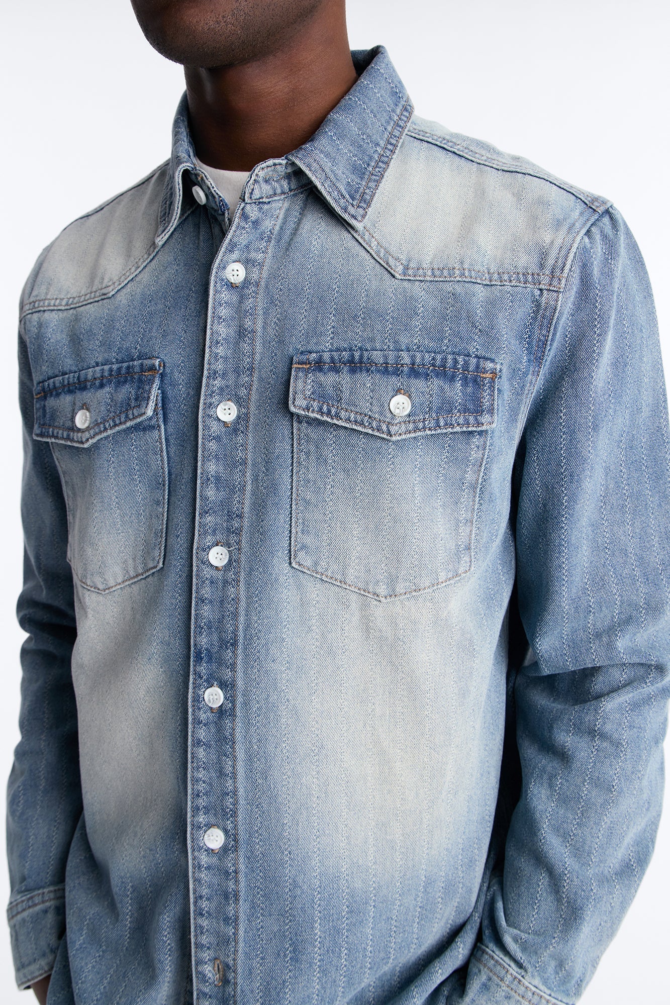 Stars And Stripes Long Sleeve Button Up Denim Shirt - Vintage Blue Wash