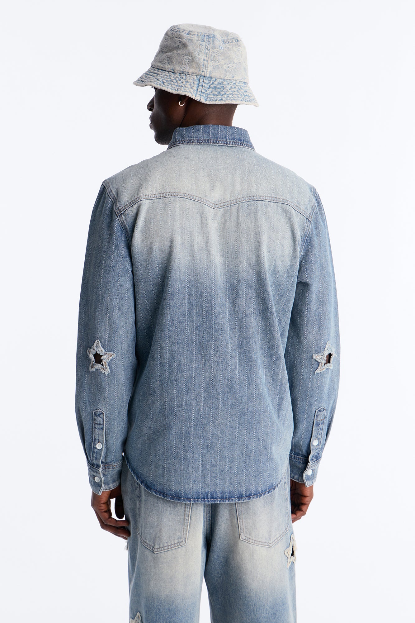 Stars And Stripes Long Sleeve Button Up Denim Shirt - Vintage Blue Wash