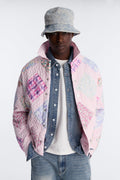 Cropped Quilted Frayed Patchwork Work Jacket - Pink