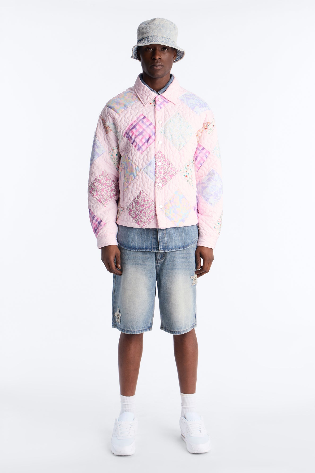 Cropped Quilted Frayed Patchwork Work Jacket - Pink
