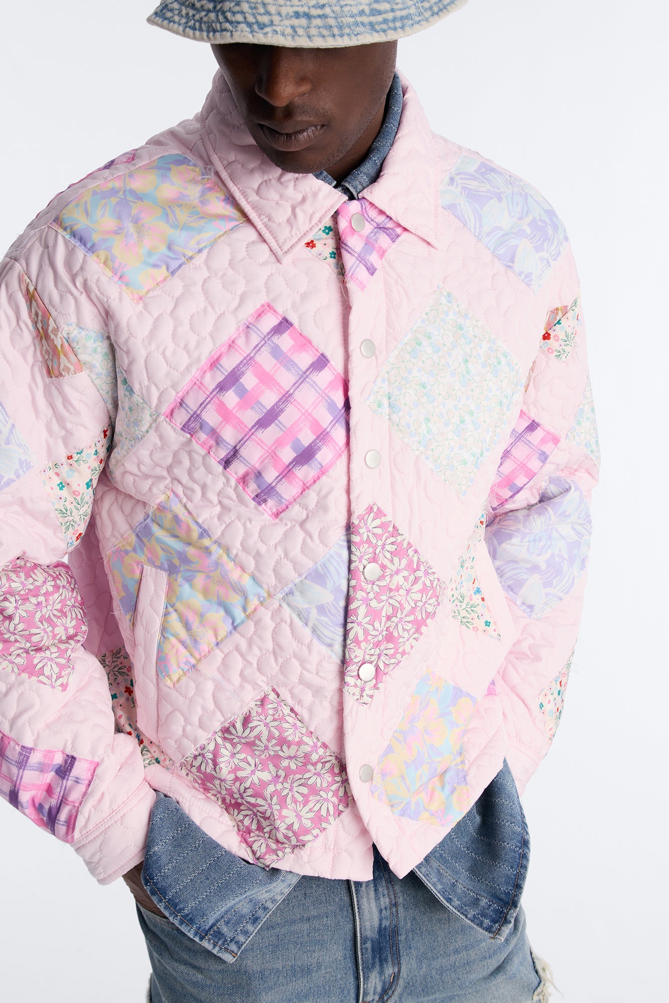 Cropped Quilted Frayed Patchwork Work Jacket - Pink
