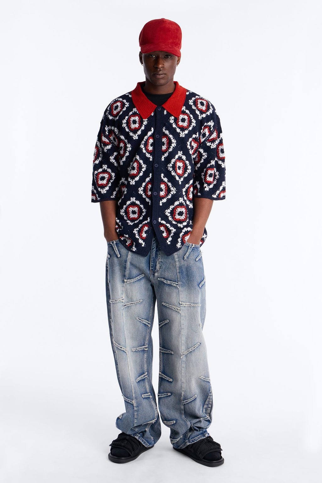 Kaleido Bloom Crochet Button Up Shirt - Navy
