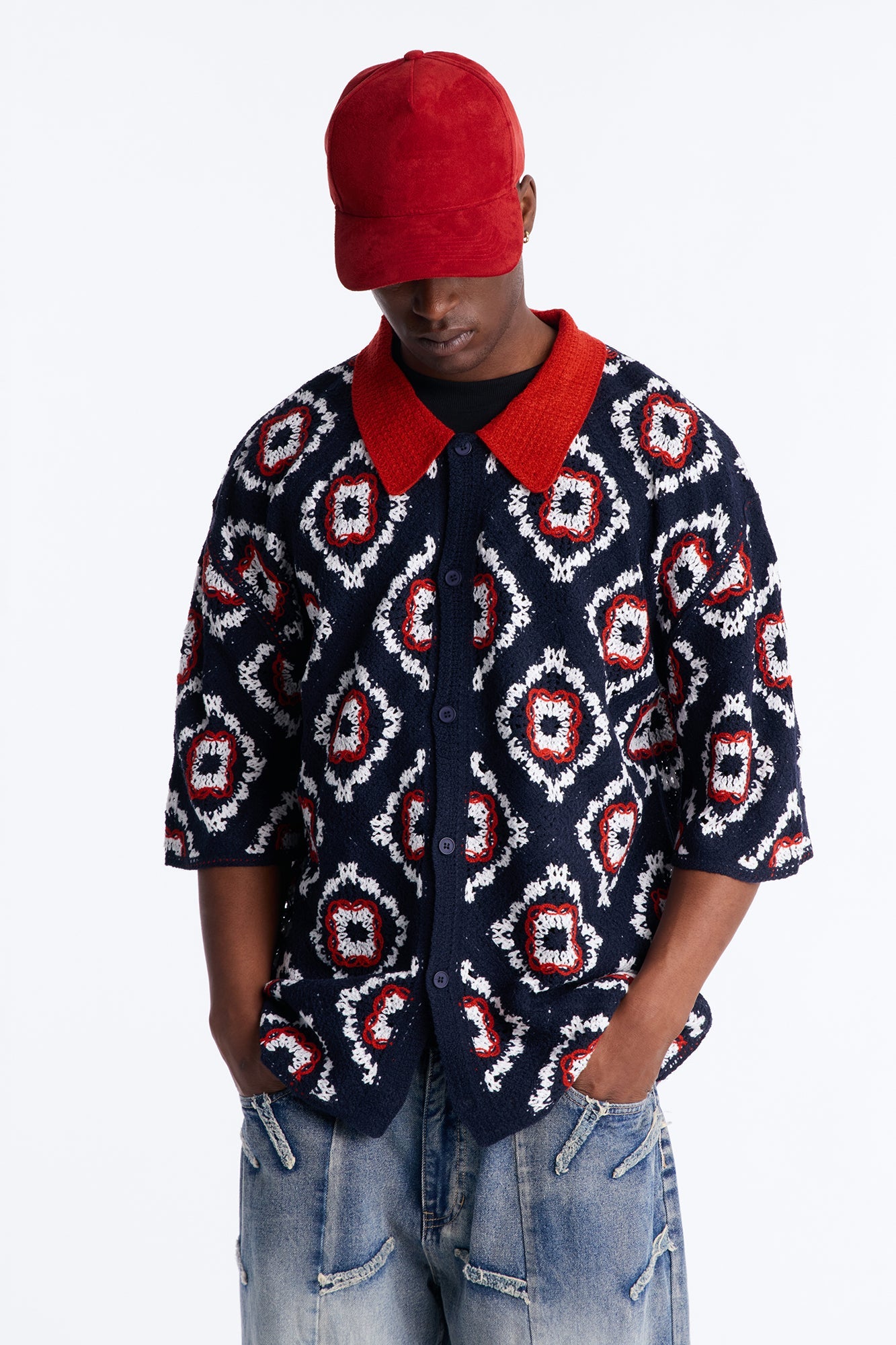 Kaleido Bloom Crochet Button Up Shirt - Navy