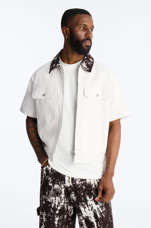 Canon Contrast Collar Zip Up Shirt - White