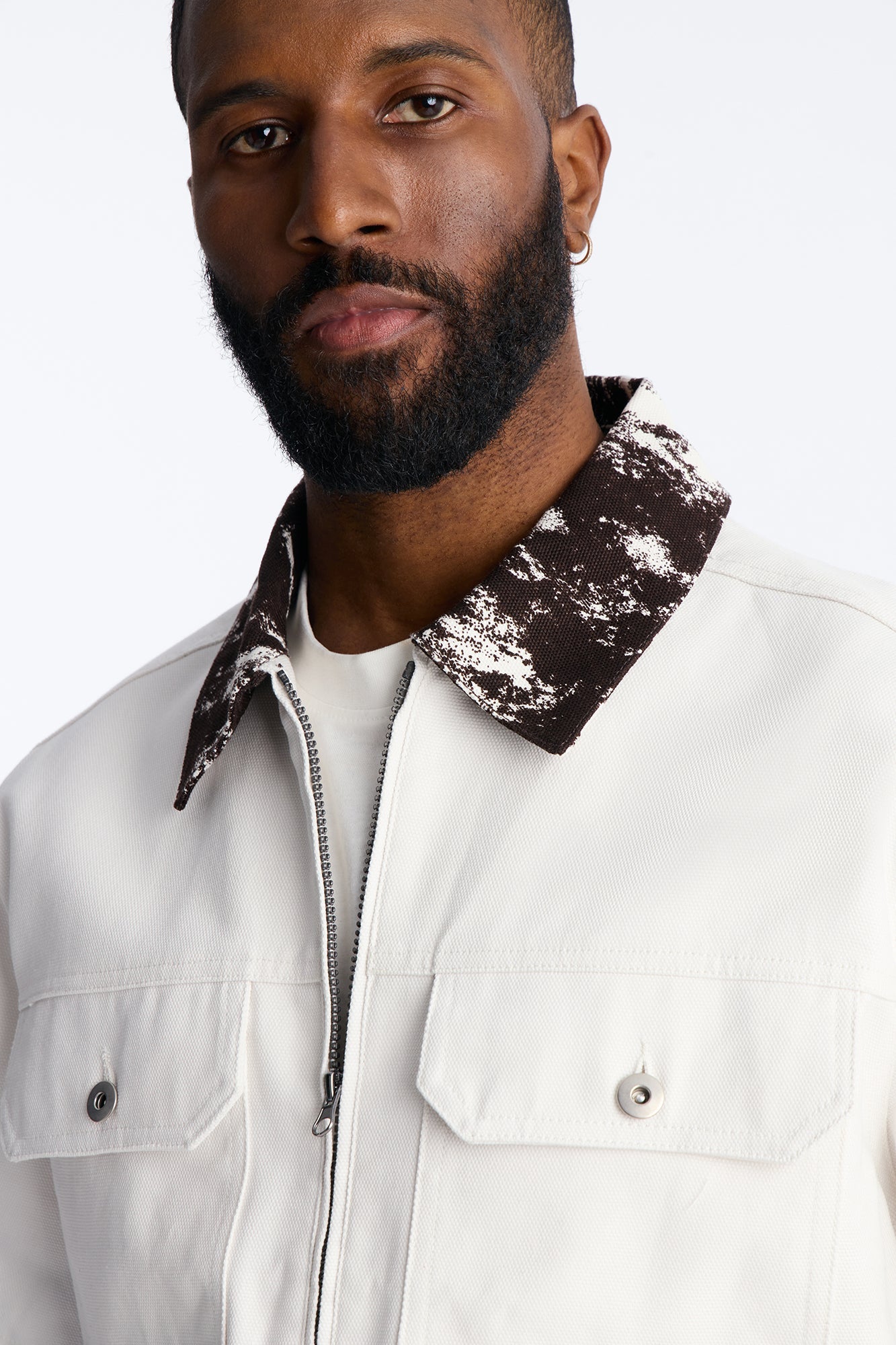 Canon Contrast Collar Zip Up Shirt - White