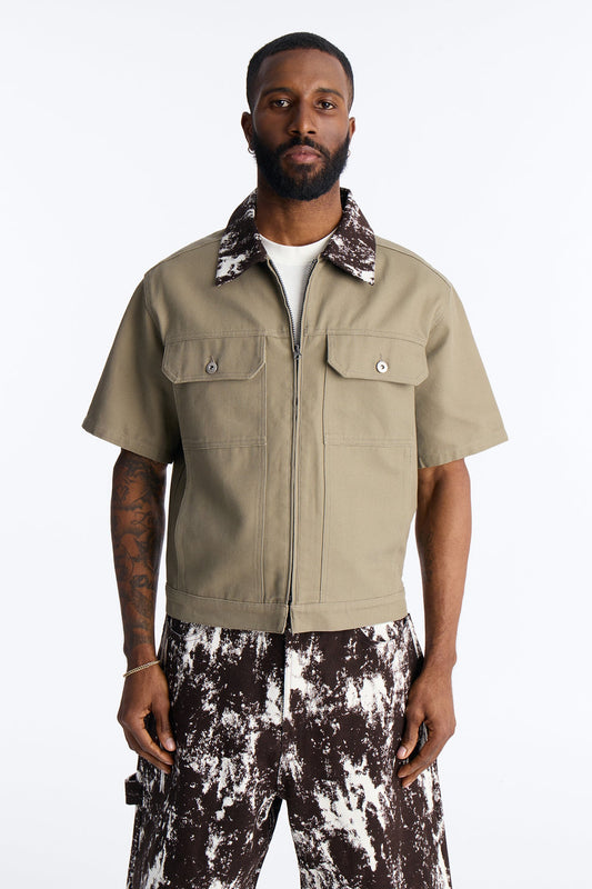 Canon Contrast Collar Zip Up Shirt - Taupe