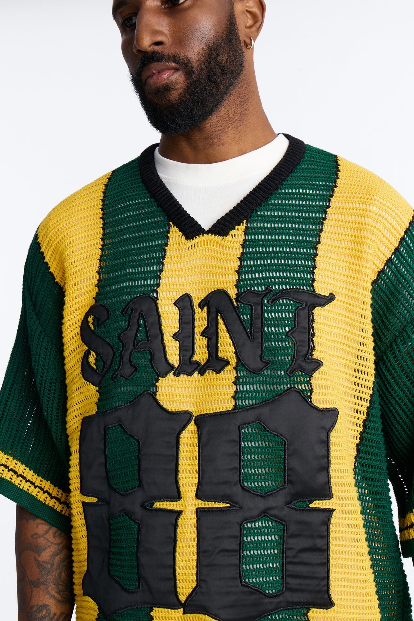 Saint 88 Cross Stripe Short Sleeve Knit Jersey - Yellow