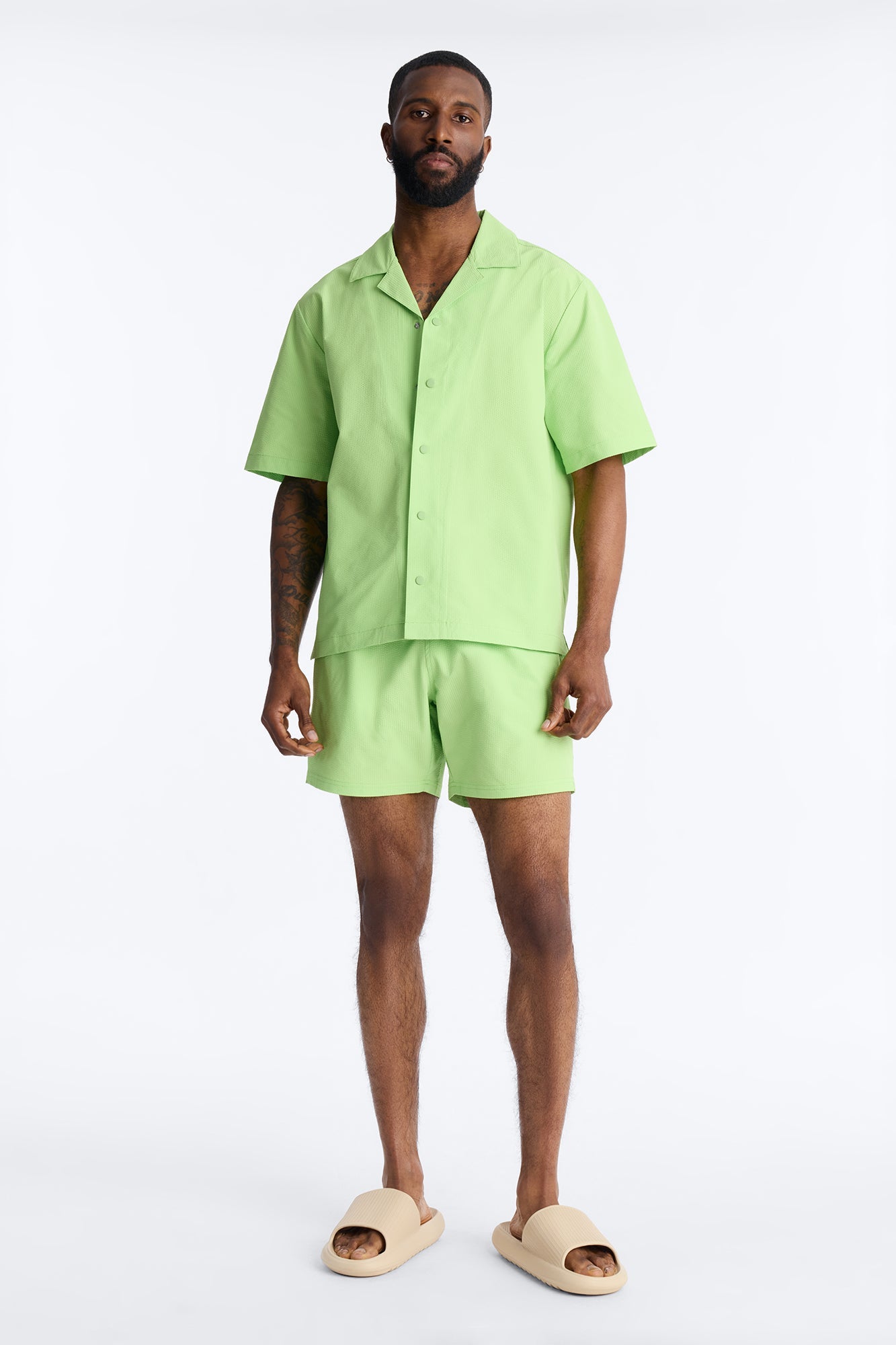 Seersucker Short Sleeve Cuban Collar Shirt - Lime