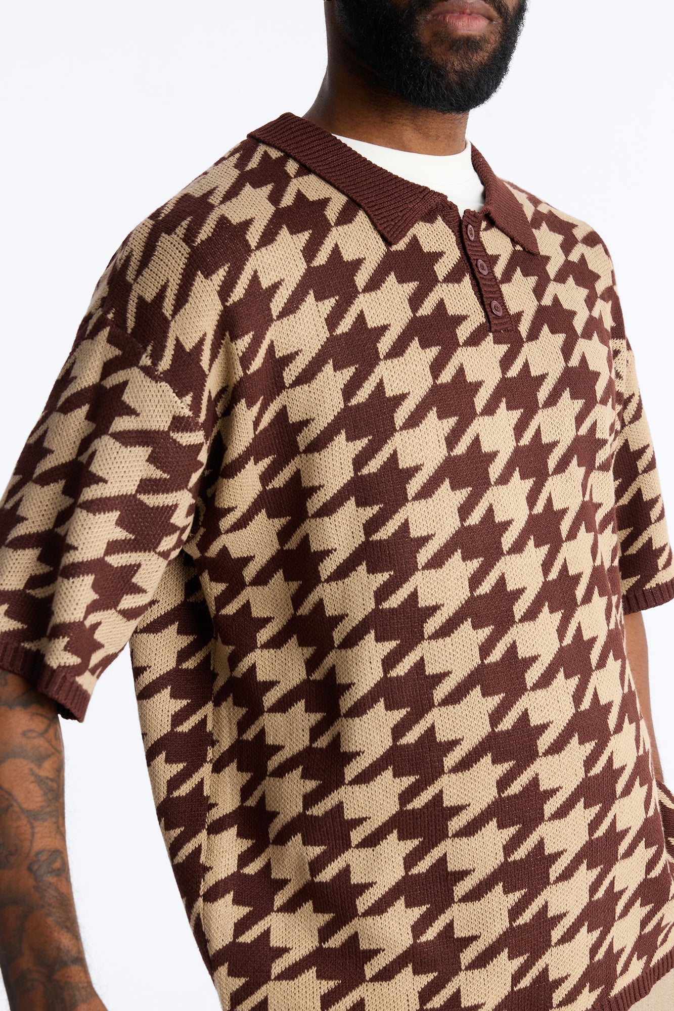 Houndstooth Short Sleeve Knitted Polo - Brown