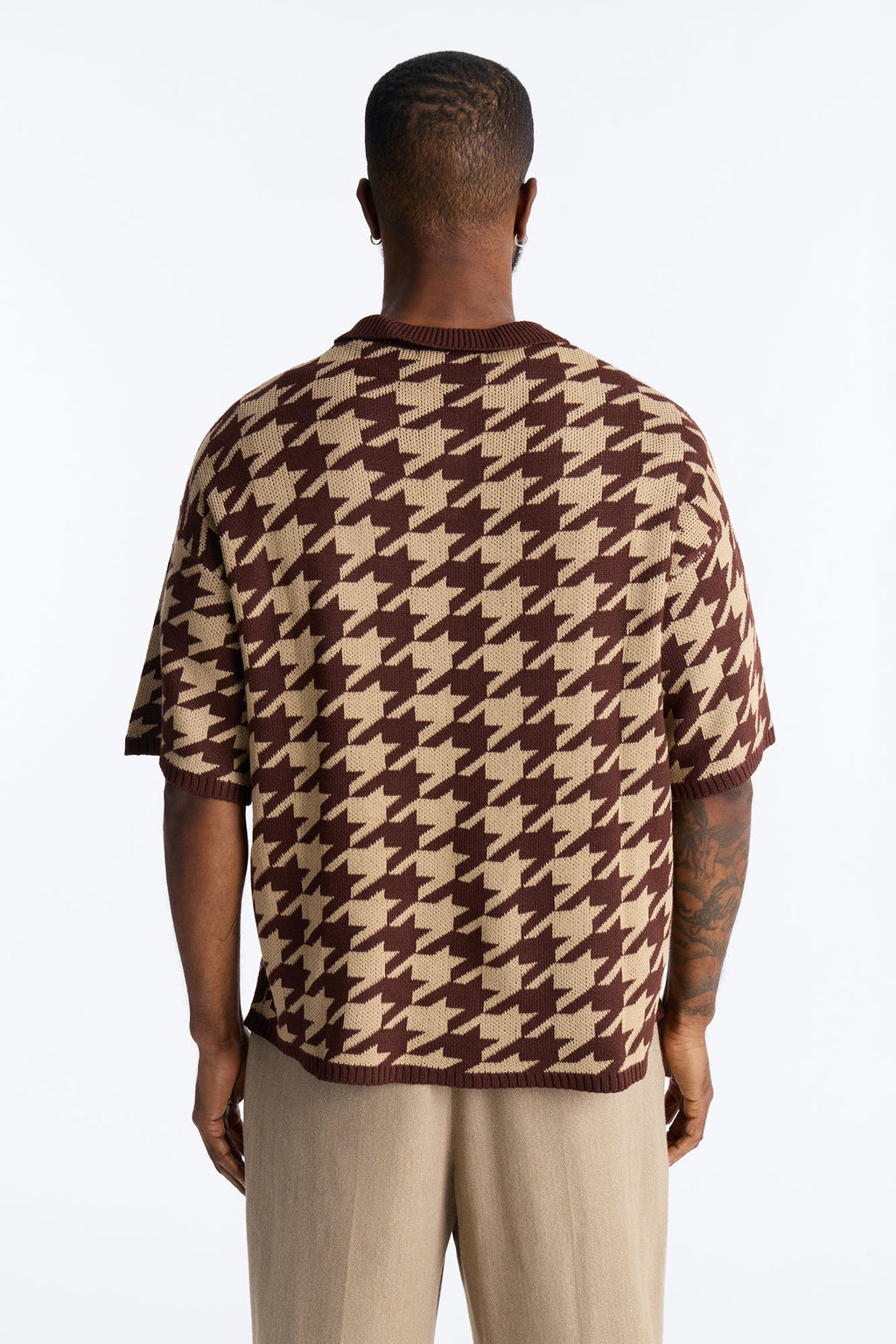 Houndstooth Short Sleeve Knitted Polo - Brown