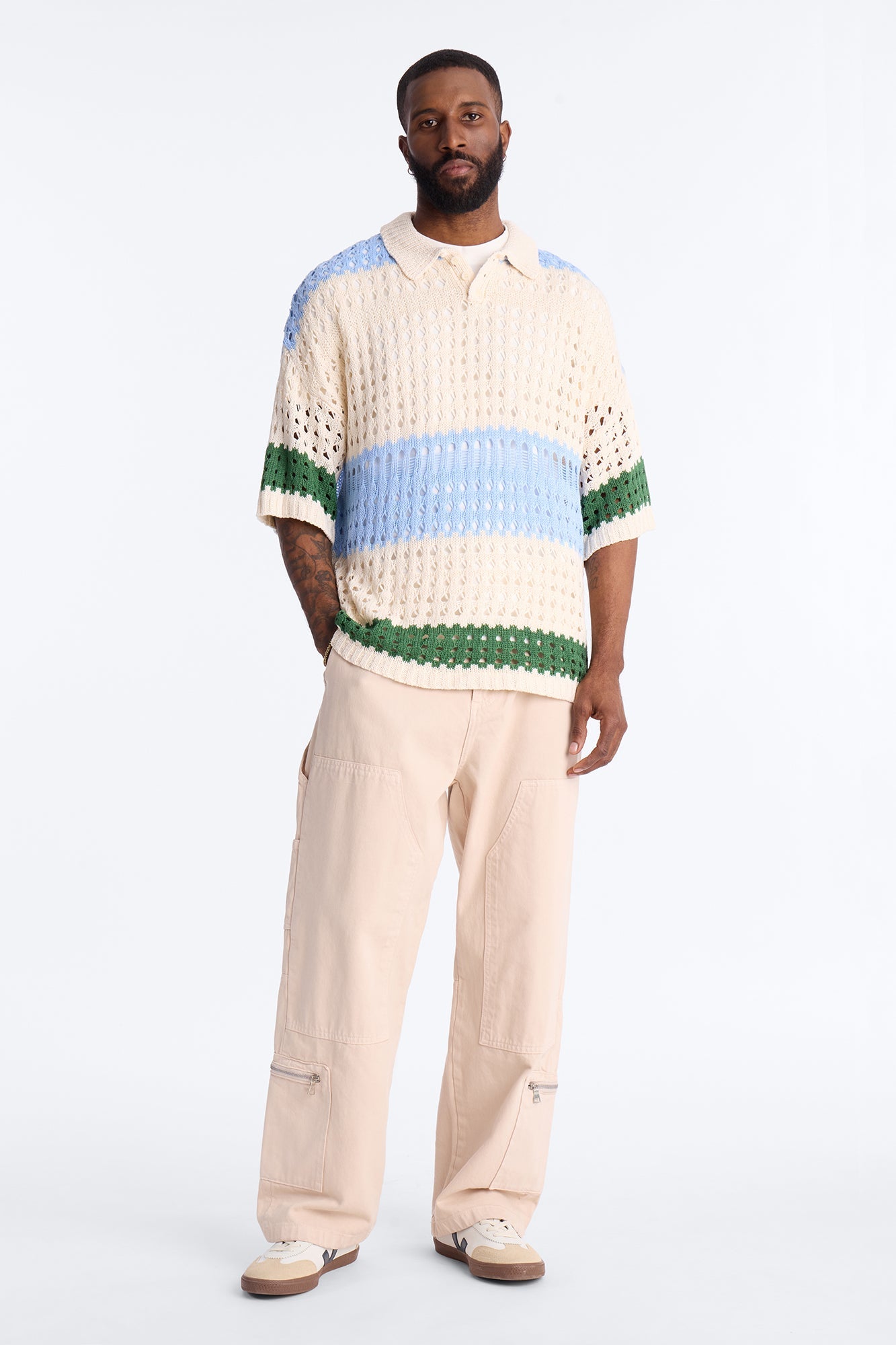 Weathered Stripe Knitted Polo - Light Blue