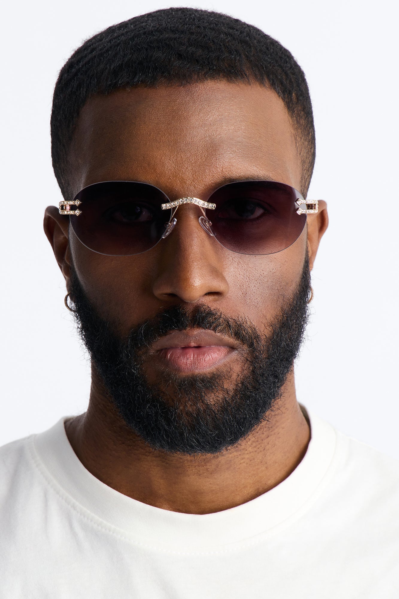 Embellished Round Frameless Metal Sunglasses - Gold/Black