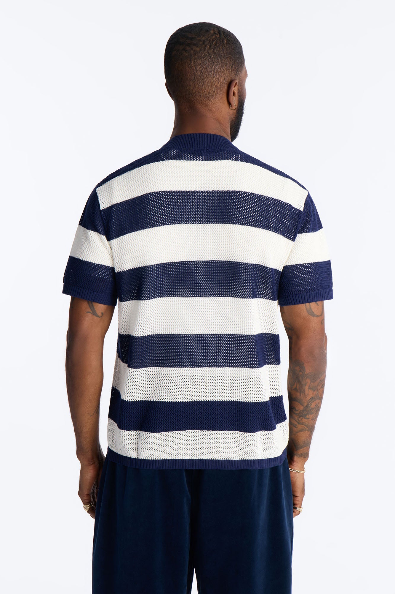 Short Sleeve Striped Crotchet Jersey - Navy