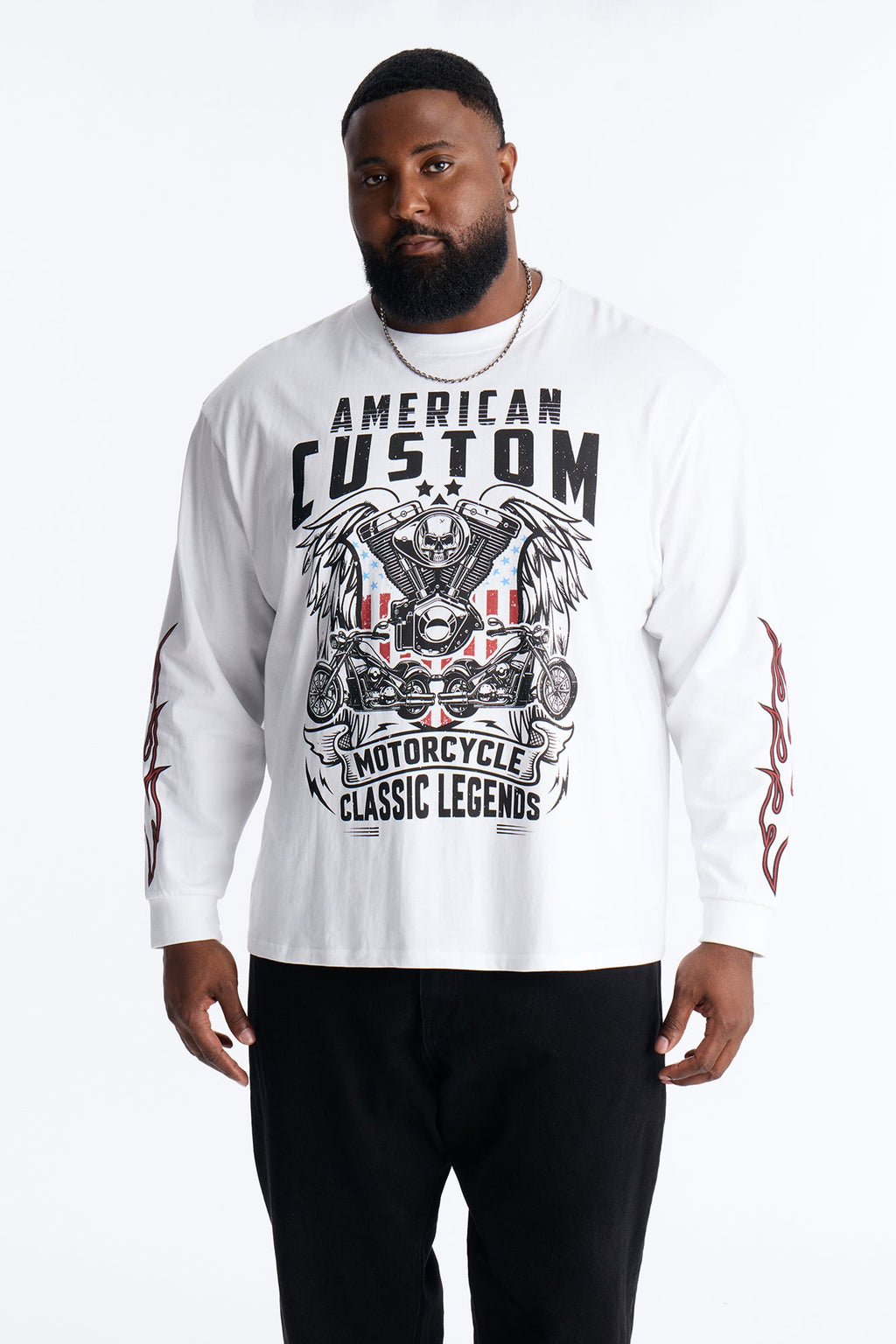American Custom Motorcycle Oversized Long Sleeve Tee - White