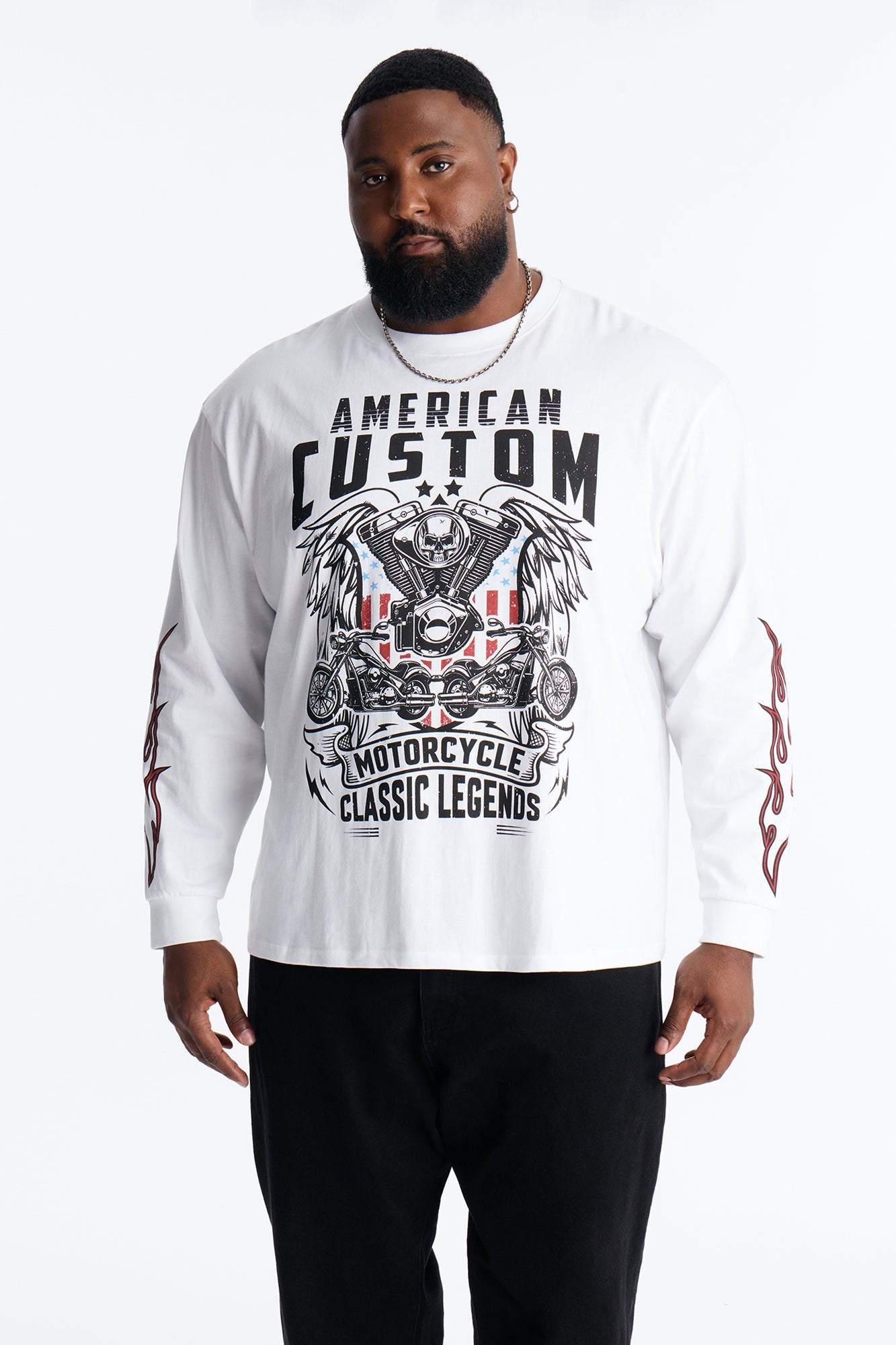 American Custom Motorcycle Oversized Long Sleeve Tee - White