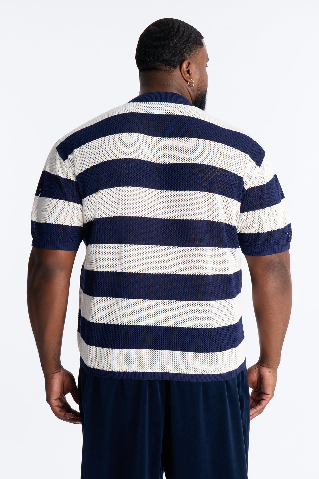 Short Sleeve Striped Crotchet Jersey - Navy