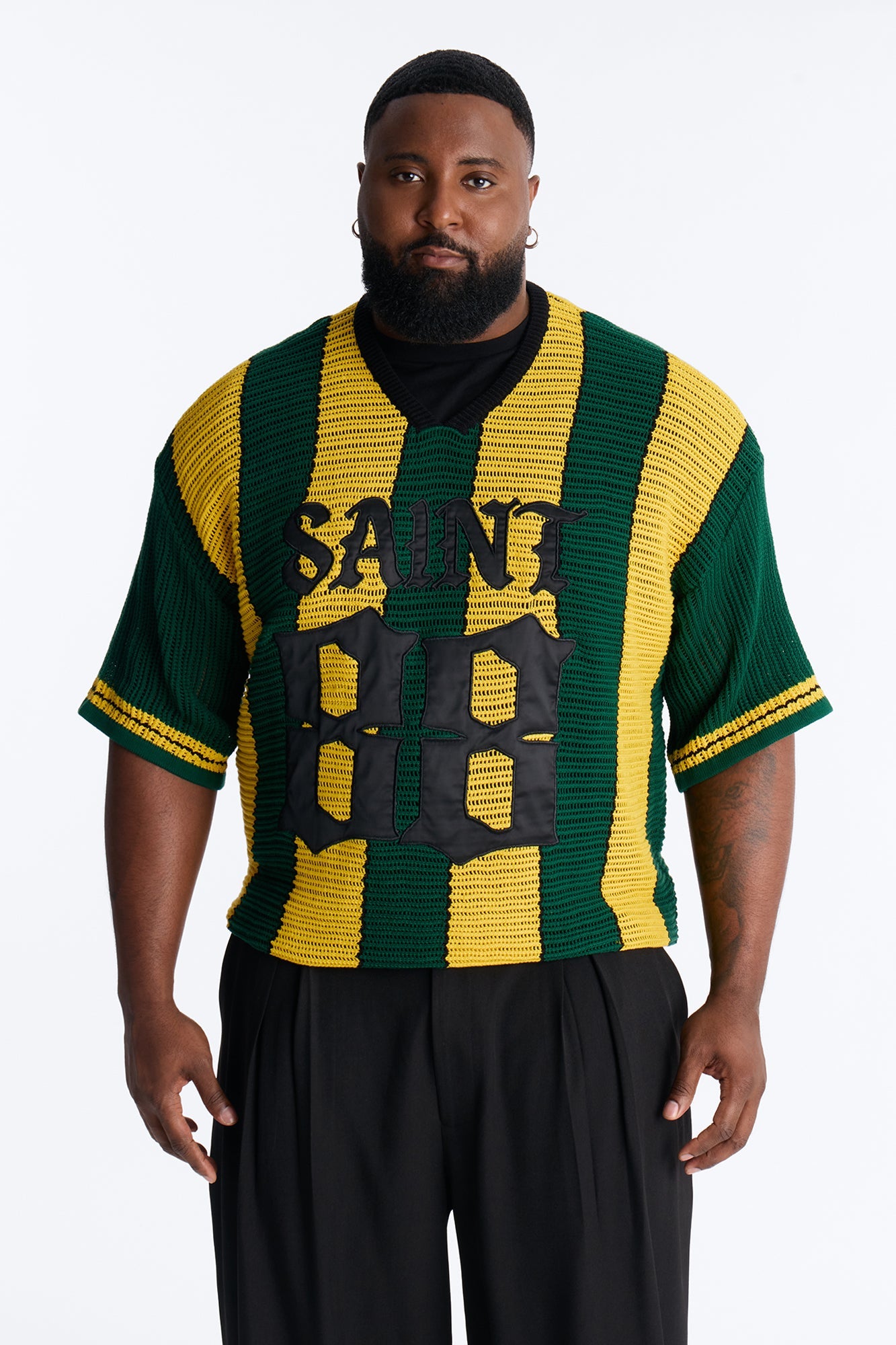 Saint 88 Cross Stripe Short Sleeve Knit Jersey - Yellow