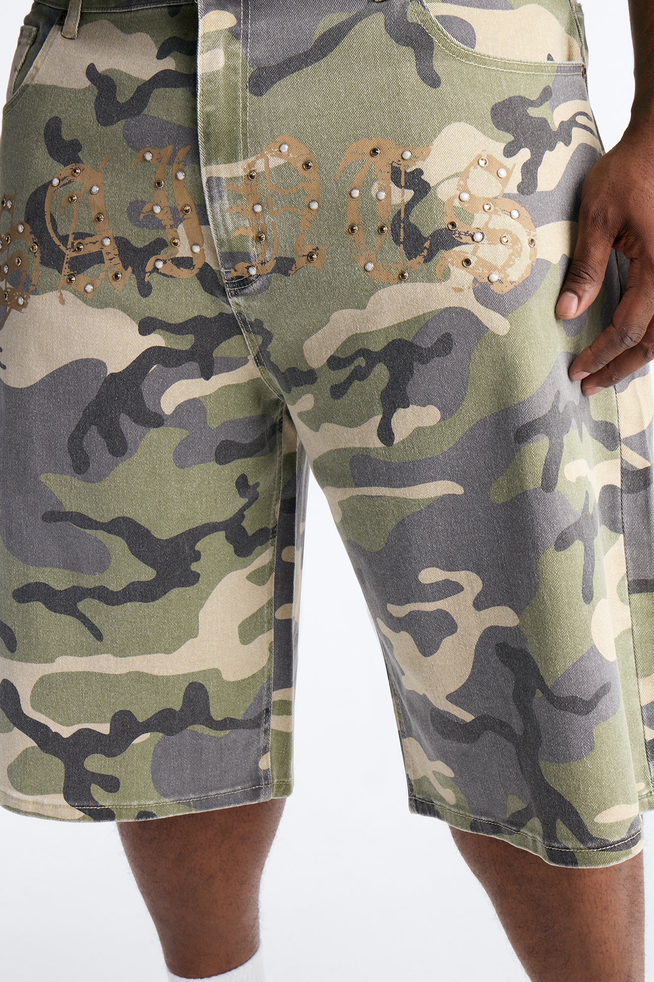 Relaxed Saints Embellished Camo Denim Shorts - Camouflage