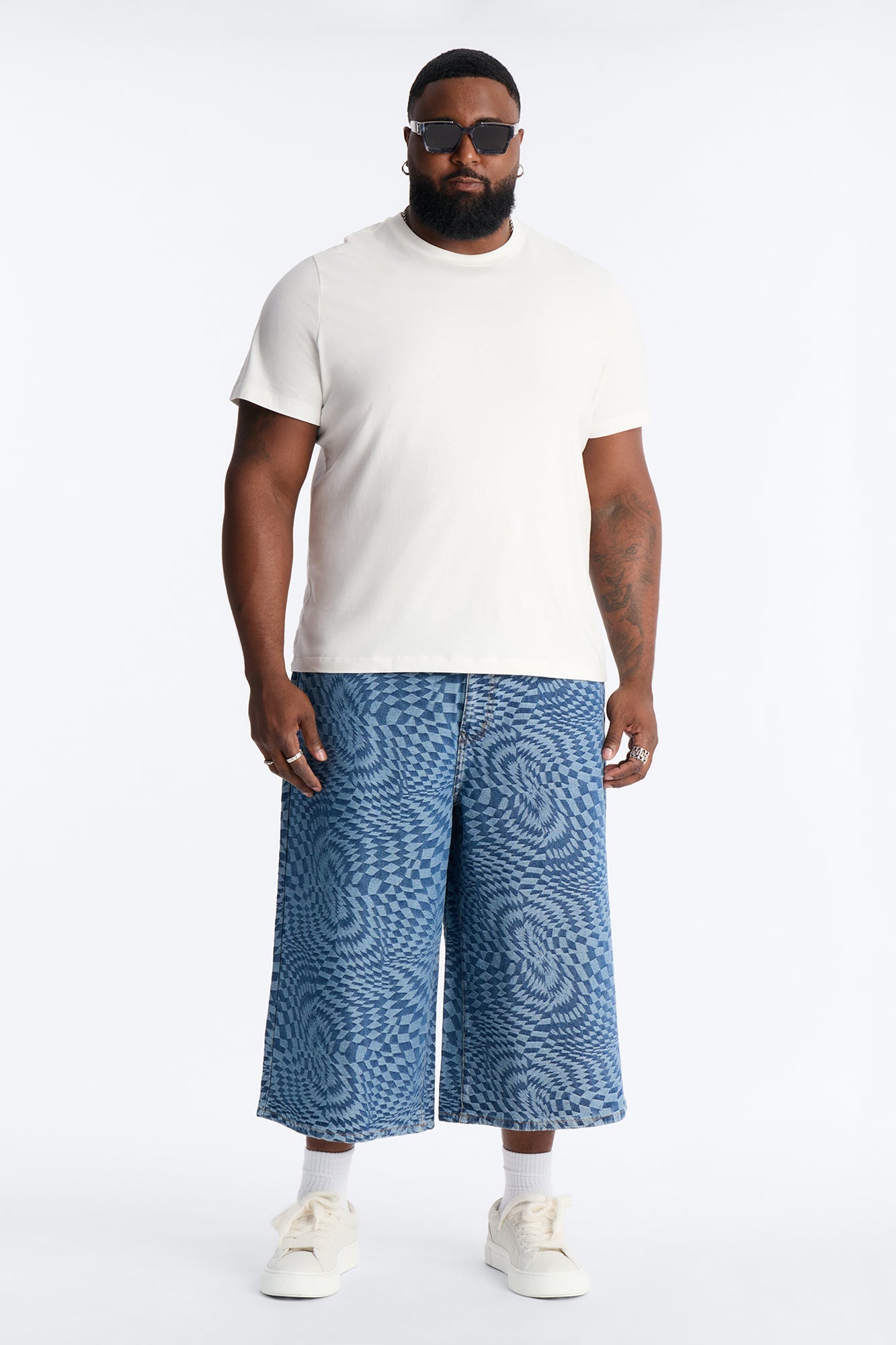 Super Baggy Trippy Check Denim Short - Medium Blue Wash