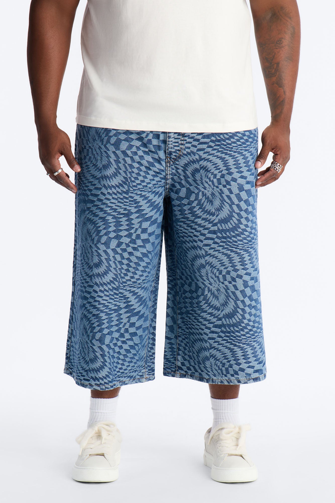 Super Baggy Trippy Check Denim Short - Medium Blue Wash