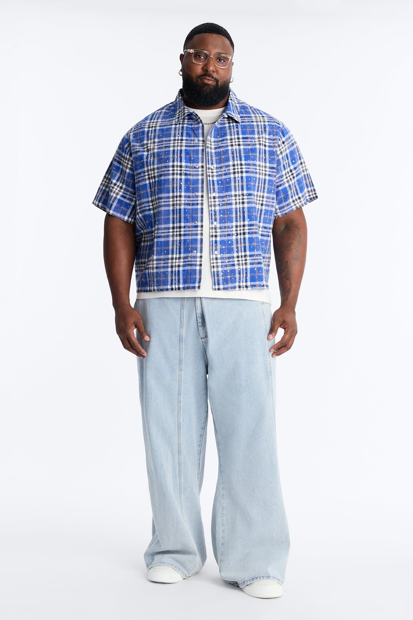 Rhinestone Rain Short Sleeve Plaid Flannel - Royal