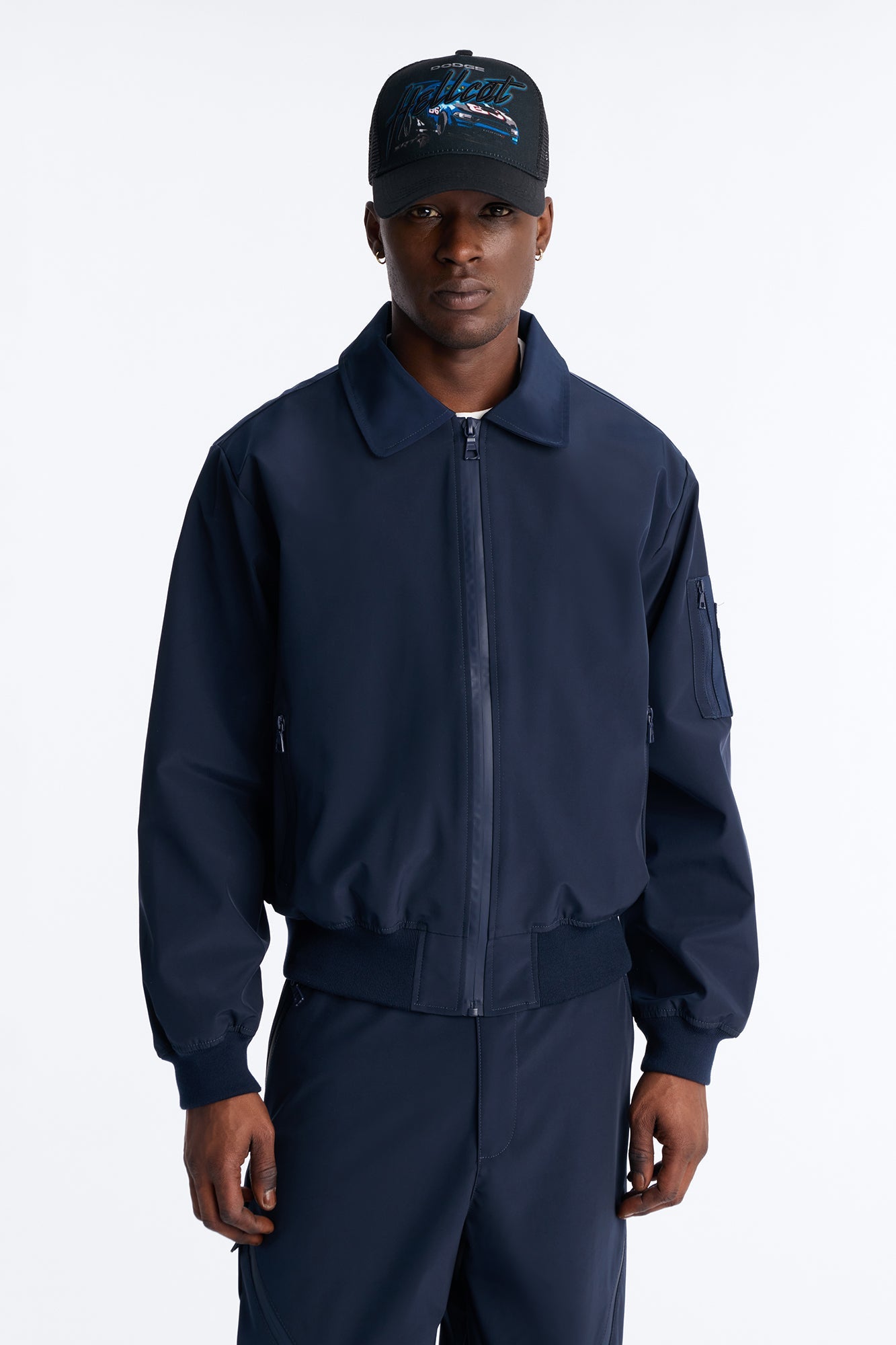 Cropped Relaxed Liberty Zip Bomber Jacket - Navy