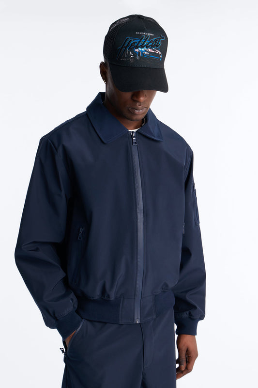 Cropped Relaxed Liberty Zip Bomber Jacket - Navy