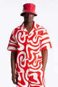 Relaxed Groovy Abstract Printed Seersucker Cuban Collar Button Up Shirt - Red