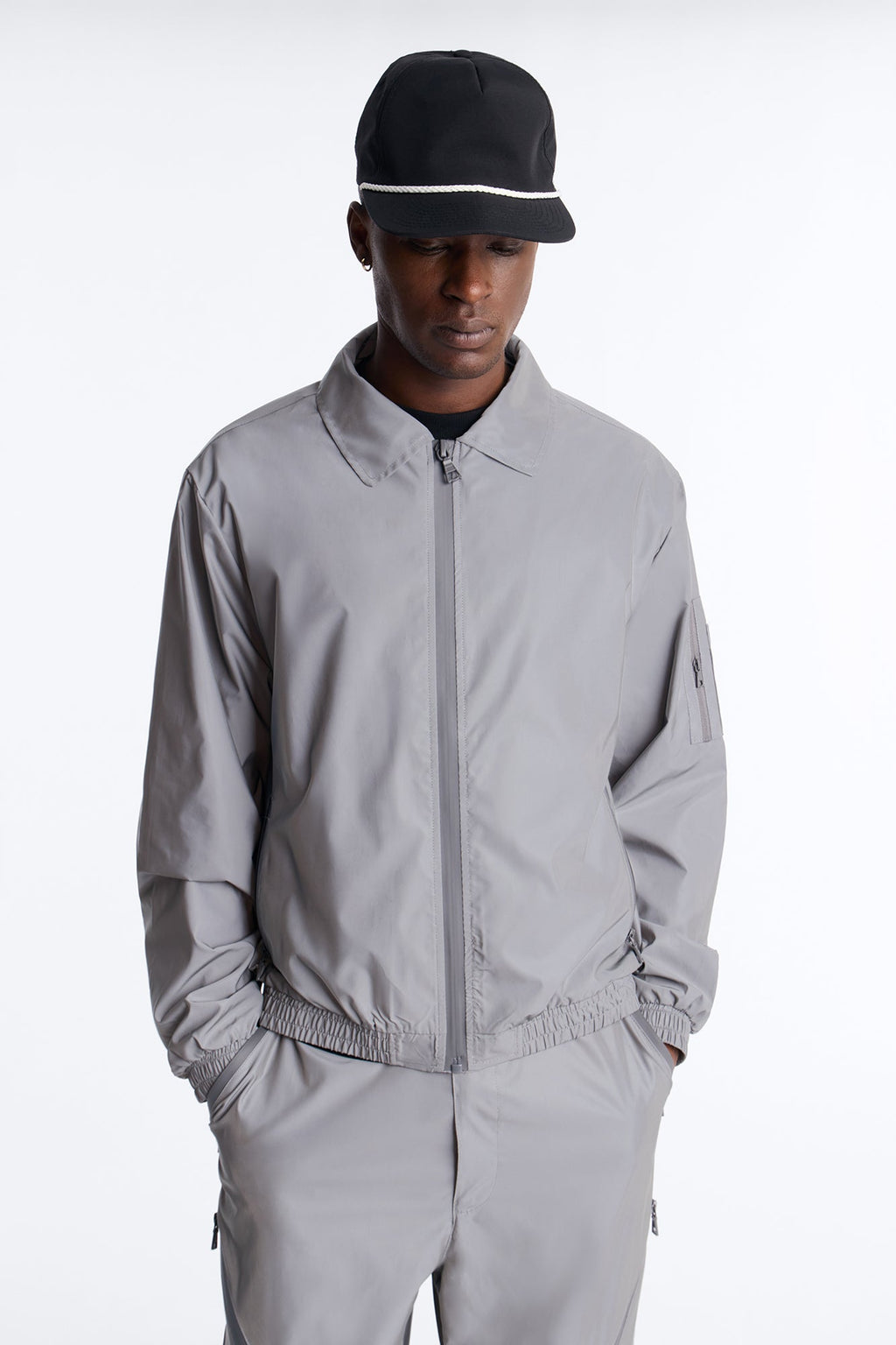 Cropped Relaxed Reflective Zip Bomber Jacket - Silver